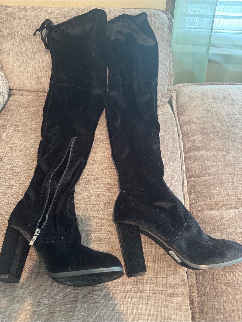 Black Velvet Over-the-Knee Block Heel Boots - Women